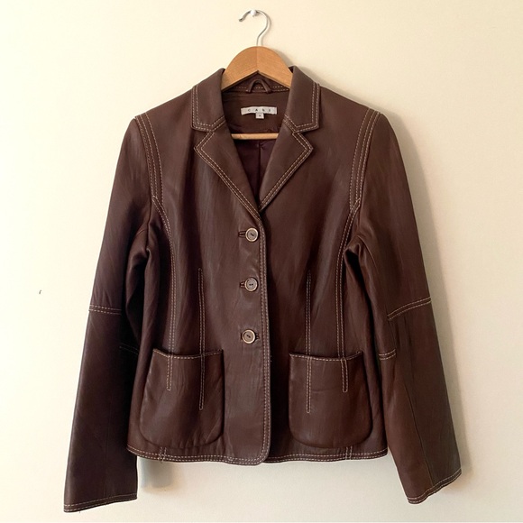 Cabi Brown Leather Blazer Jacket Contrast Stitch Moto Women’s 8 - Picture 2 of 15